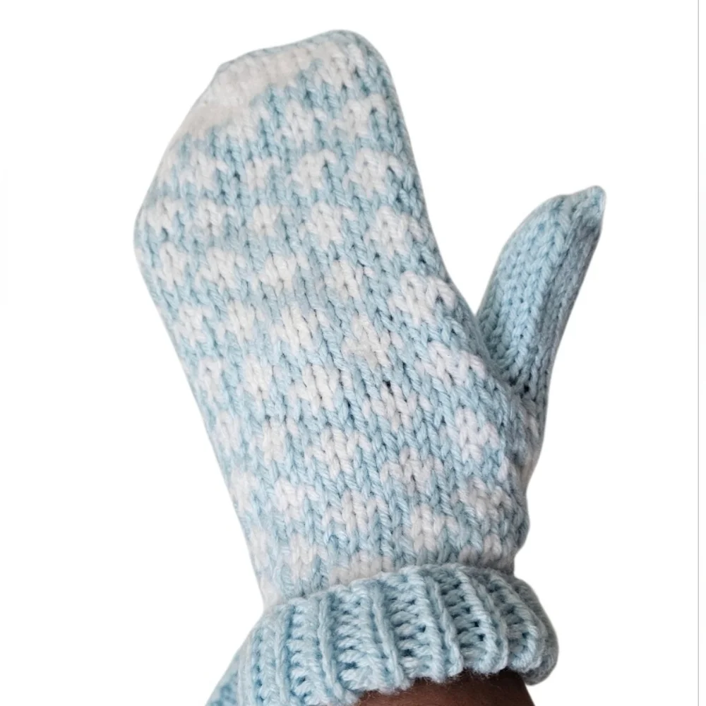 Handmade Blue & White Crochet Mittens with Heart Pattern –Winter Gift Kid's size